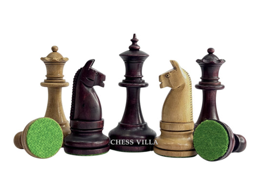 1900s' American Chess Company Reproduction Chess Set - Chess Pieces Only - Weighted Mahogany Stained & Distressed Antique Boxwood- 3.8" King