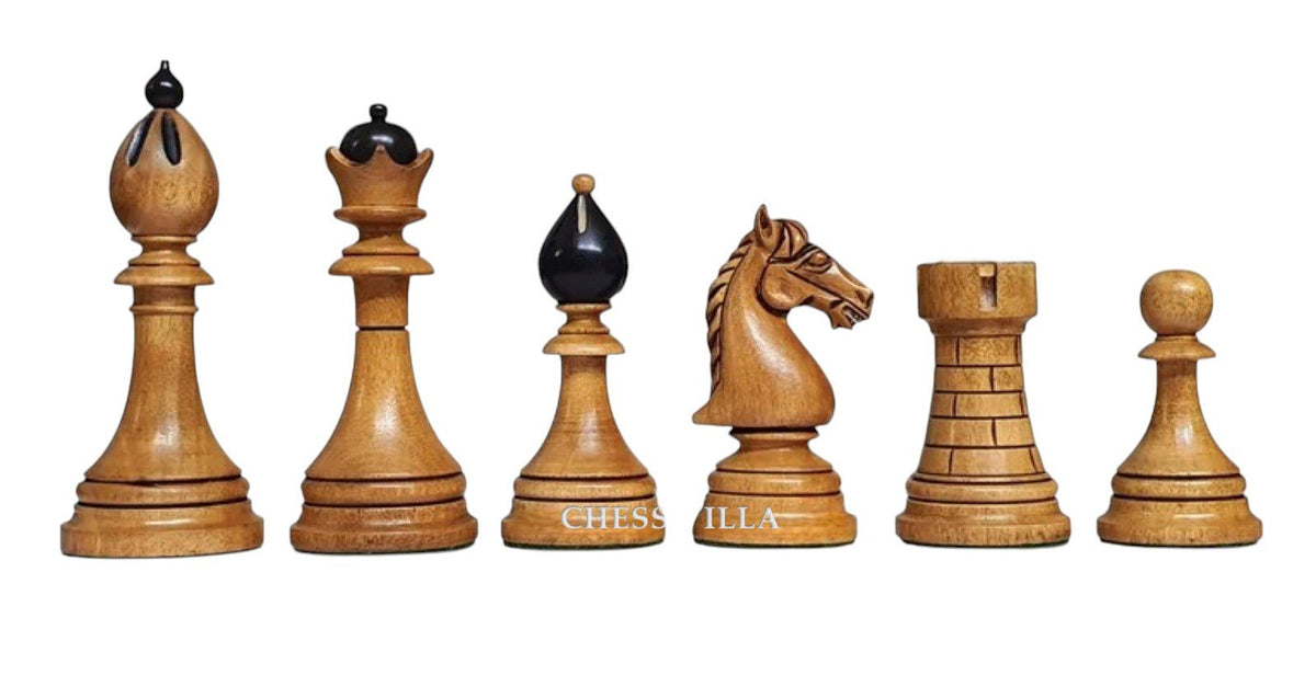 Reproduction 1951-1954 "ČESKÁ KLUBOVKA" Fide Tournament Czech 4" Chess Pieces- Weighted Ebony & Distressed Boxwood - Chess Villa