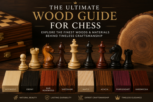Ultimate Wood Guide for Chess by Chess Villa showcasing premium handcrafted chess pieces made from exotic hardwoods including Ebony, Boxwood, Rosewood, Maple, and Sheesham.