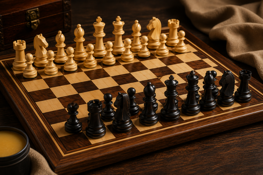 Luxury handcrafted wooden chess set being cleaned with a soft microfiber cloth.