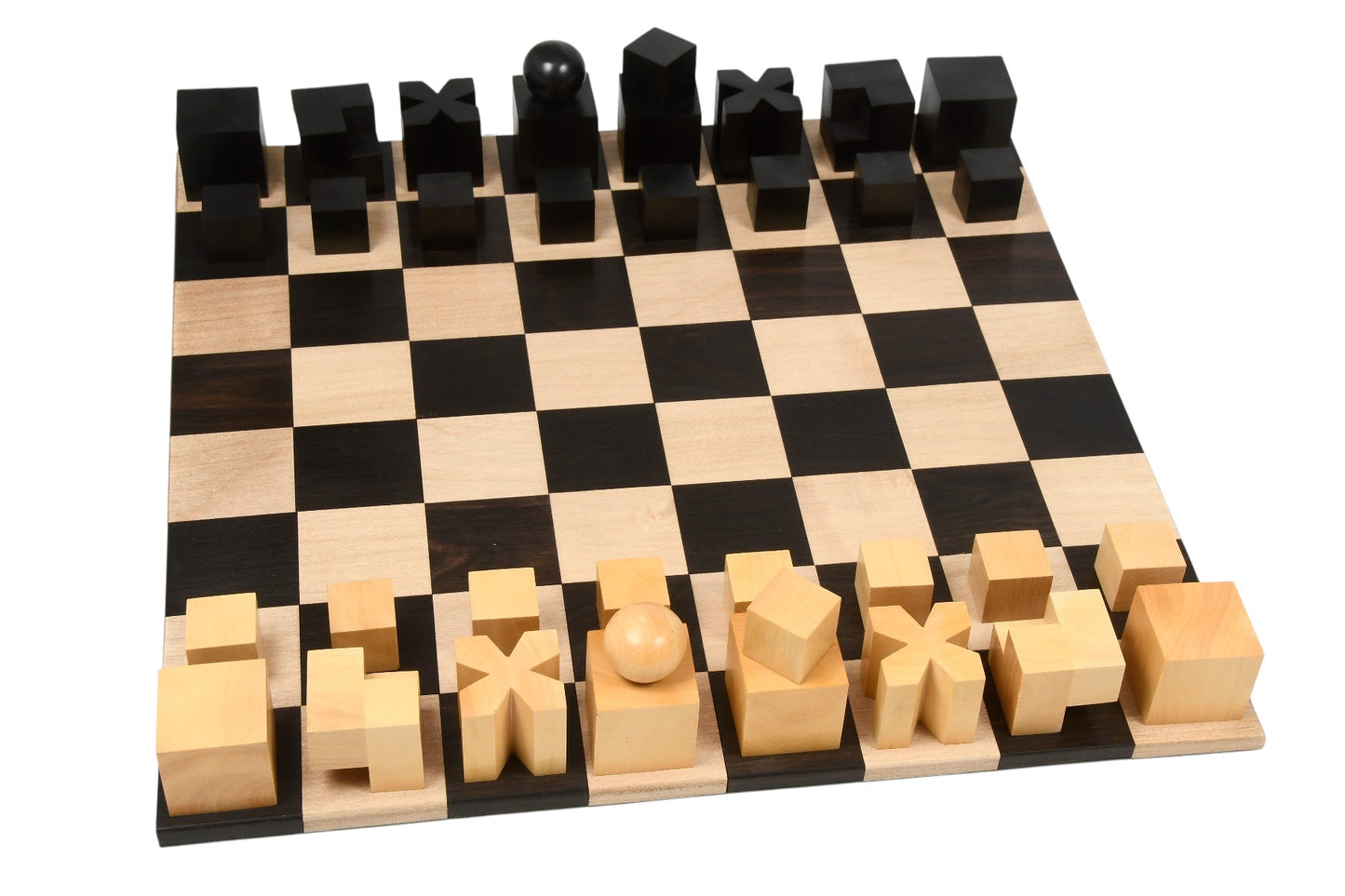 1924 Bauhaus Repro Geometrical Abstract Chessmen In Ebonised Boxwood With Chess Board