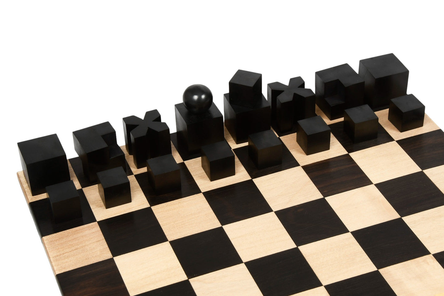 1924 Bauhaus Repro Geometrical Abstract Chessmen In Ebonised Boxwood With Chess Board