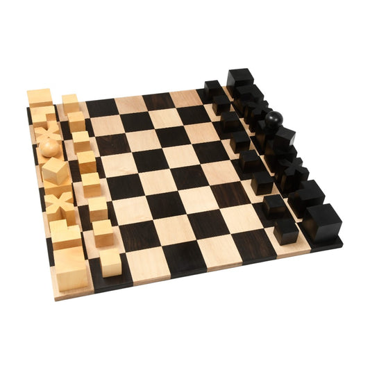 1924 Bauhaus Repro Geometrical Abstract Chessmen In Ebonised Boxwood With Chess Board
