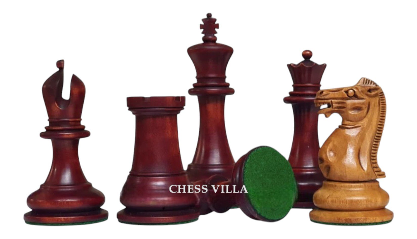 1849 Jaques Reproduction Staunton Chess Pieces Only set - Weighted Mahogany Stained & Distressed Boxwood- 3.75" King - Chess Villa