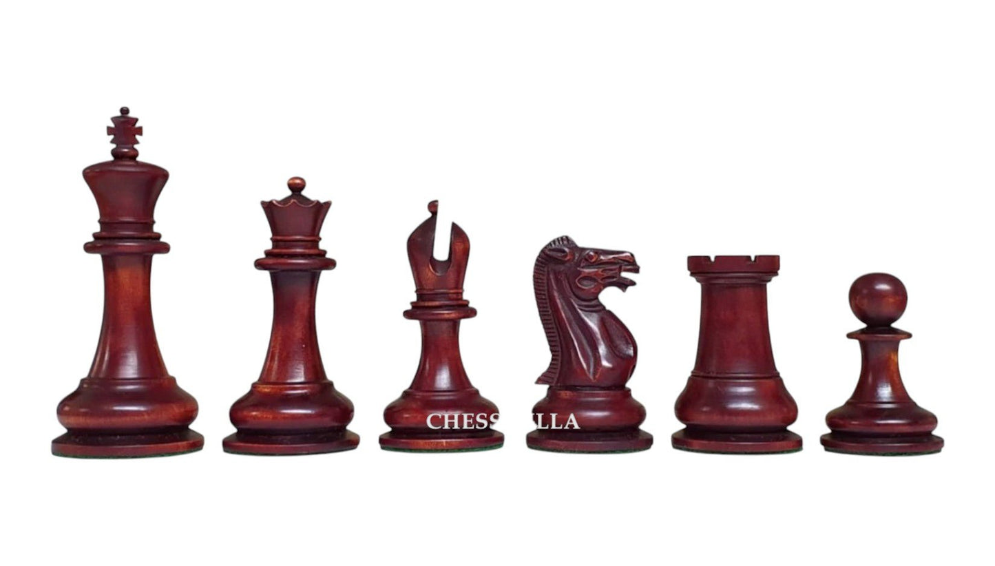 1849 Jaques Reproduction Staunton Chess Pieces Only set - Weighted Mahogany Stained & Distressed Boxwood- 3.75" King - Chess Villa