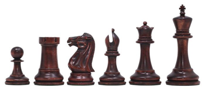 1849 Original Jaques Staunton Chess Pieces Only set - Triple Weighted Mahogany Stained & Distressed Boxwood - 4.5" King - Chess Villa