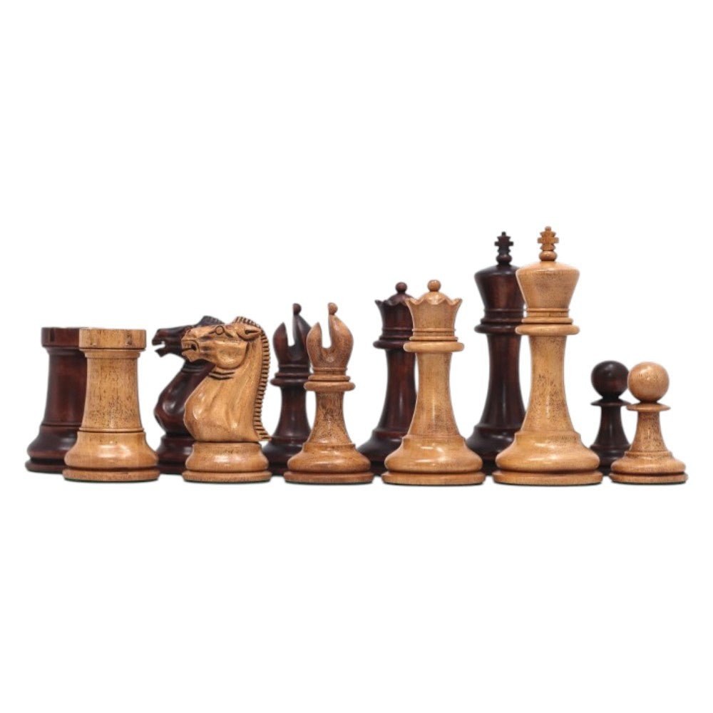 1849 Original Jaques Staunton Chess Pieces Only set - Triple Weighted Mahogany Stained & Distressed Boxwood - 4.5" King - Chess Villa