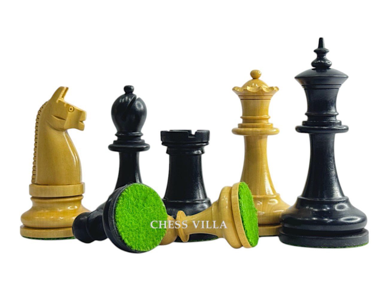 1900s' American Chess Company Reproduction Chess Set - Chess Pieces Only - Weighted Boxwood & Ebonised Boxwood- 3.8" King - Chess Villa
