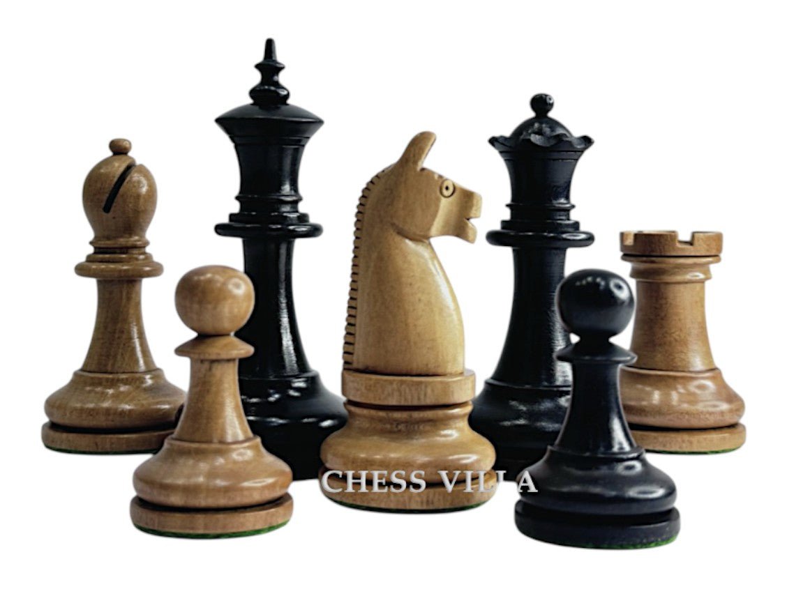 1900s' American Chess Company Reproduction Chess Set - Chess Pieces Only - Weighted Distressed Antiqued & Ebonised Boxwood- 3.8" King - Chess Villa
