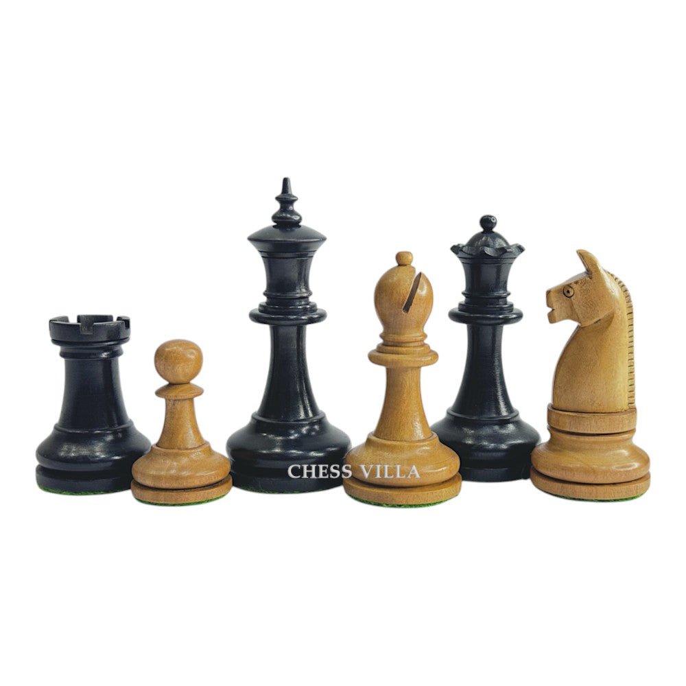 1900s' American Chess Company Reproduction Chess Set - Chess Pieces Only - Weighted Distressed Antiqued & Ebonised Boxwood- 3.8" King - Chess Villa