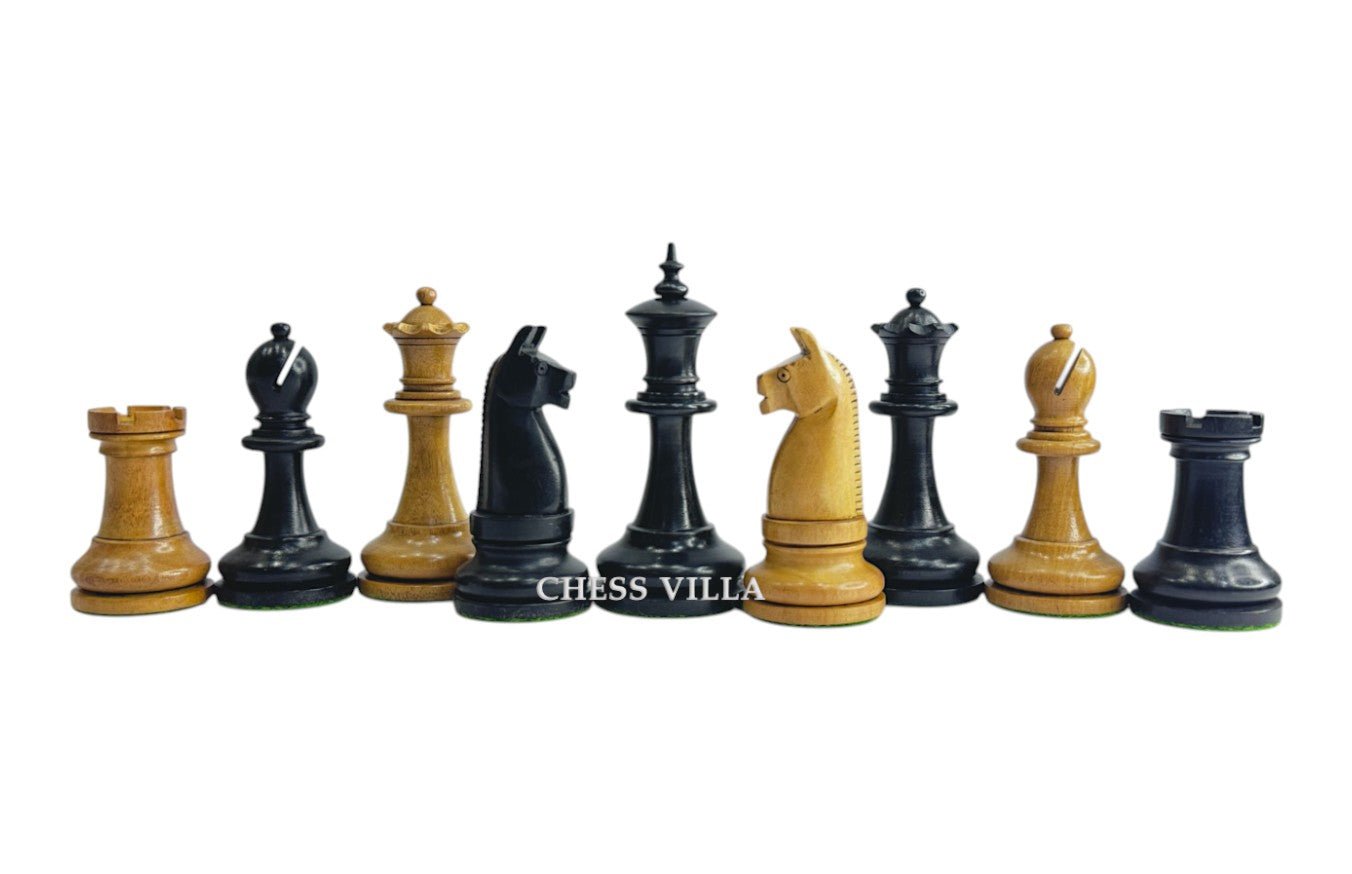 1900s' American Chess Company Reproduction Chess Set - Chess Pieces Only - Weighted Distressed Antiqued & Ebonised Boxwood- 3.8" King - Chess Villa