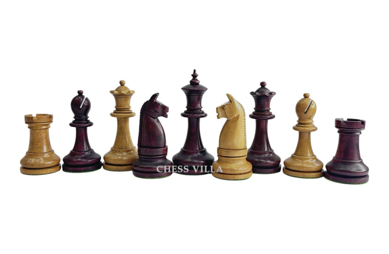 1900s' American Chess Company Reproduction Chess Set - Chess Pieces Only - Weighted Mahogany Stained & Distressed Antique Boxwood- 3.8" King - Chess Villa