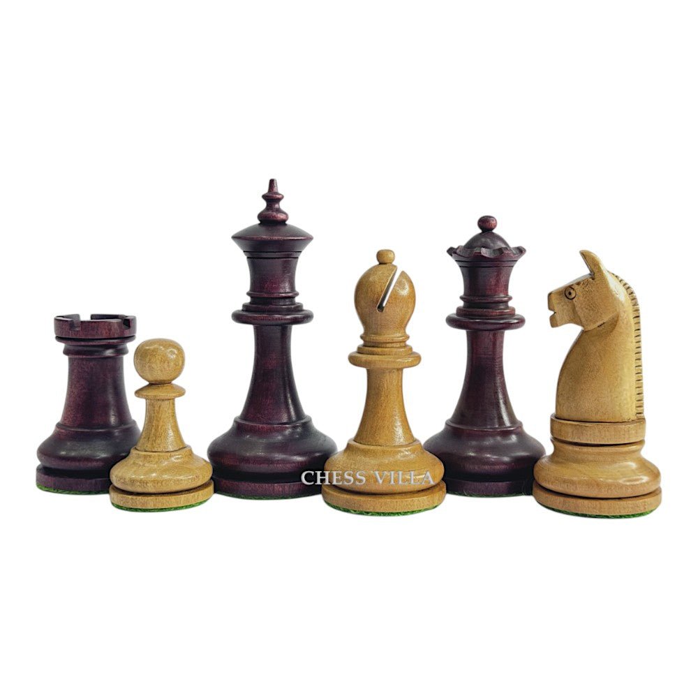 1900s' American Chess Company Reproduction Chess Set - Chess Pieces Only - Weighted Mahogany Stained & Distressed Antique Boxwood- 3.8" King - Chess Villa