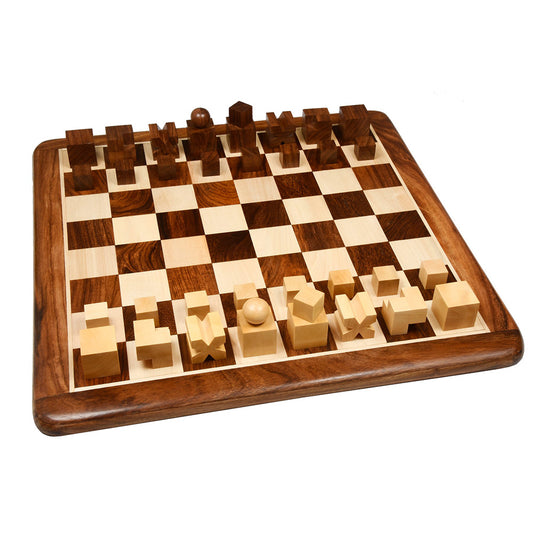 1924 Bauhaus Reproduced Geometrical Abstract Chessmen In Golden Rosewood With Chess Board