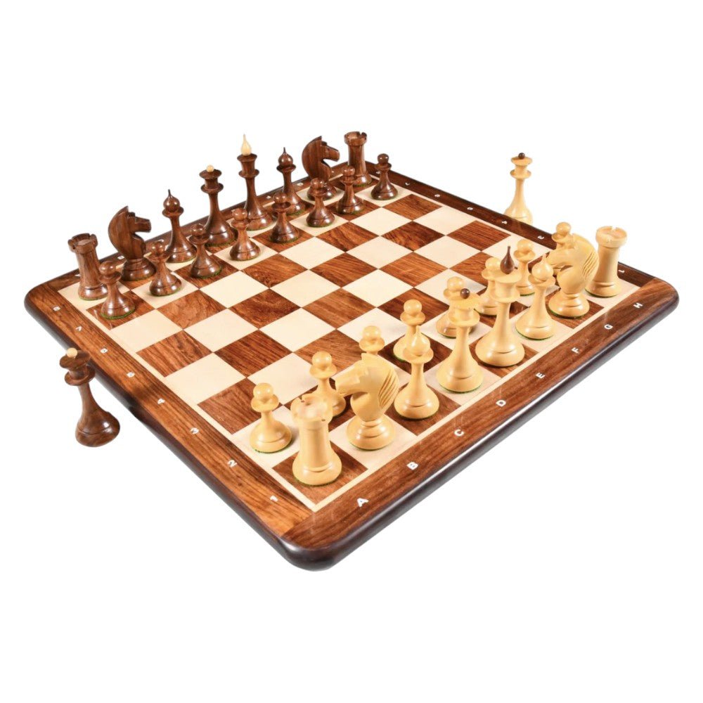 1950s Soviet Latvian Chess Set in Golden Rosewood with Notation Chess Board - Chess Villa
