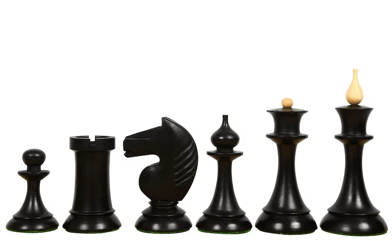 1950s Soviet Latvian Reproduced Chess Pieces Only Set - Weighted Ebonised Boxwood & Boxwood - Chess Villa
