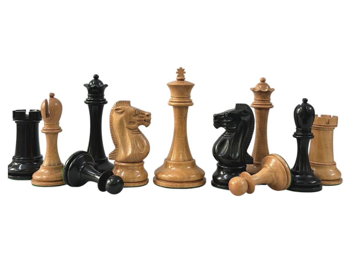 19th century 4.3" B & Co. Reproduced Staunton Luxury Chess Pieces Only Set- Triple Weighted Ebony and Antique Distressed Boxwood - Chess Villa