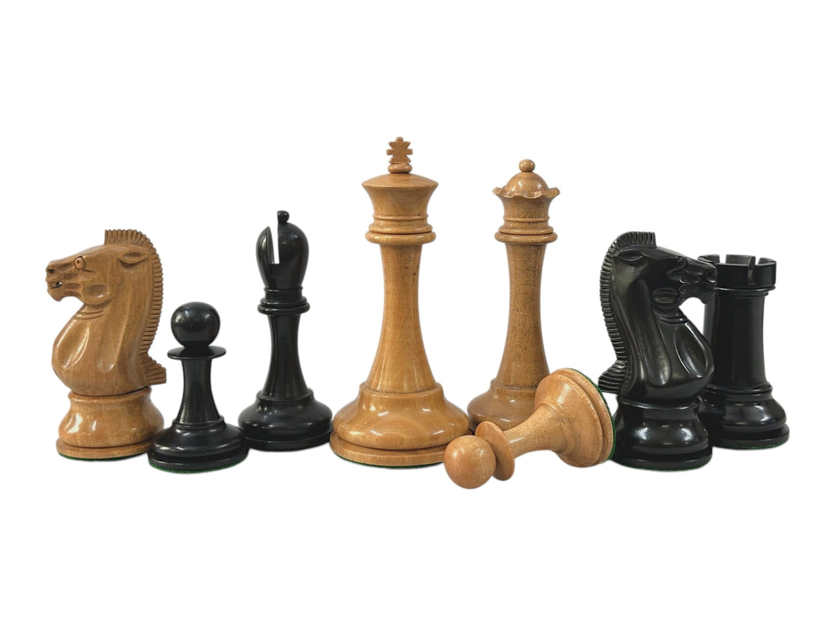 19th century 4.3" B & Co. Reproduced Staunton Luxury Chess Pieces Only Set- Triple Weighted Ebony and Antique Distressed Boxwood - Chess Villa