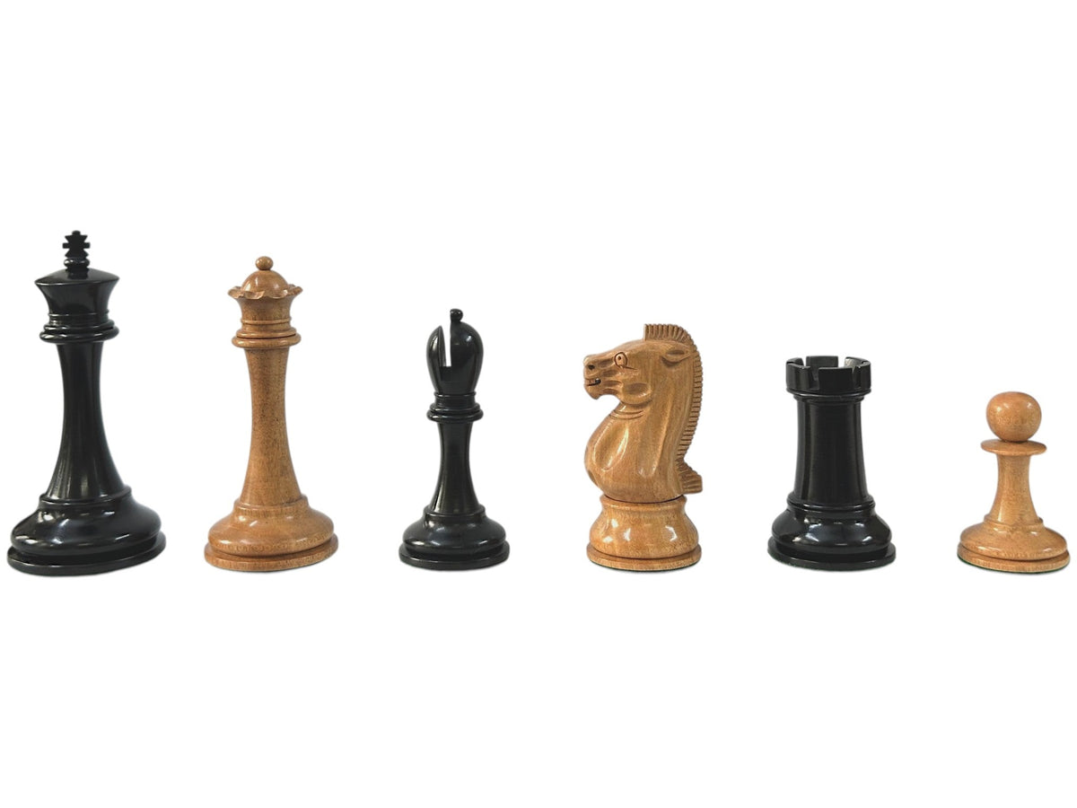 19th century 4.3" B & Co. Reproduced Staunton Luxury Chess Pieces Only Set- Triple Weighted Ebony and Antique Distressed Boxwood - Chess Villa
