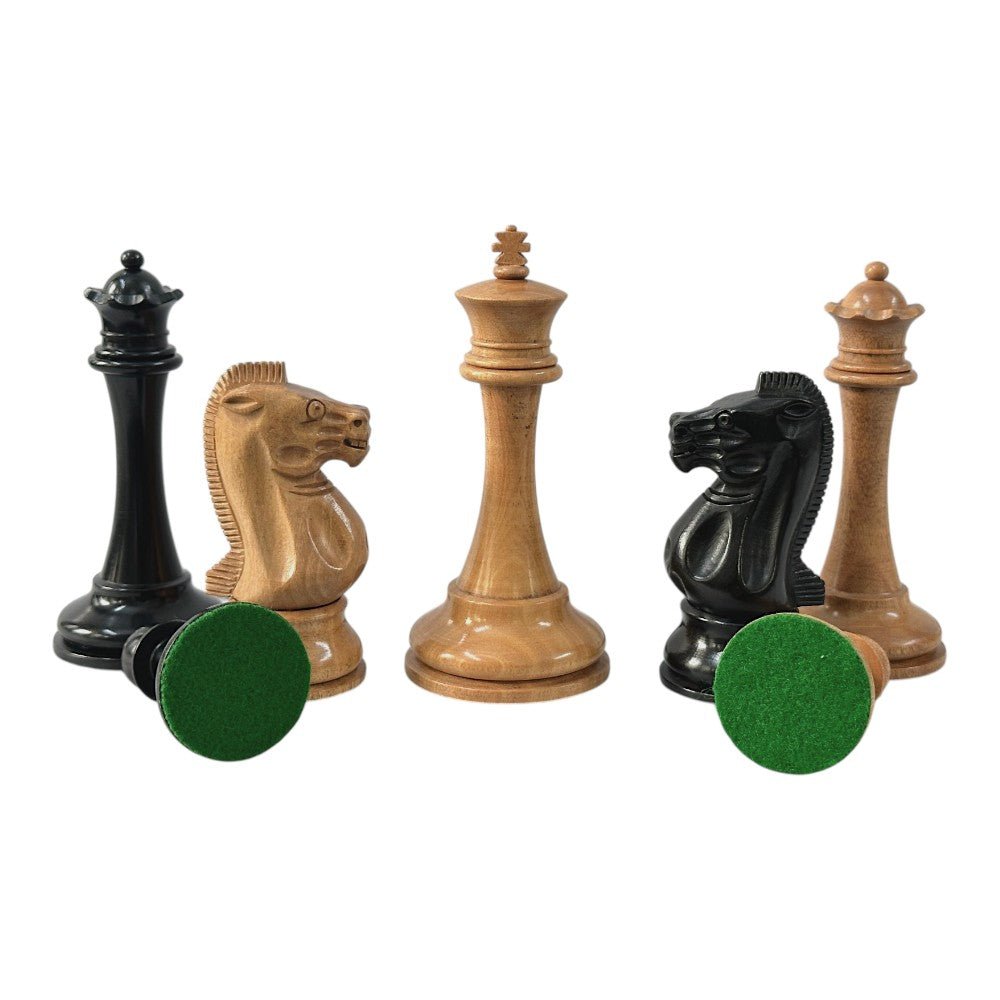 19th century 4.3" B & Co. Reproduced Staunton Luxury Chess Pieces Only Set- Triple Weighted Ebony and Antique Distressed Boxwood - Chess Villa