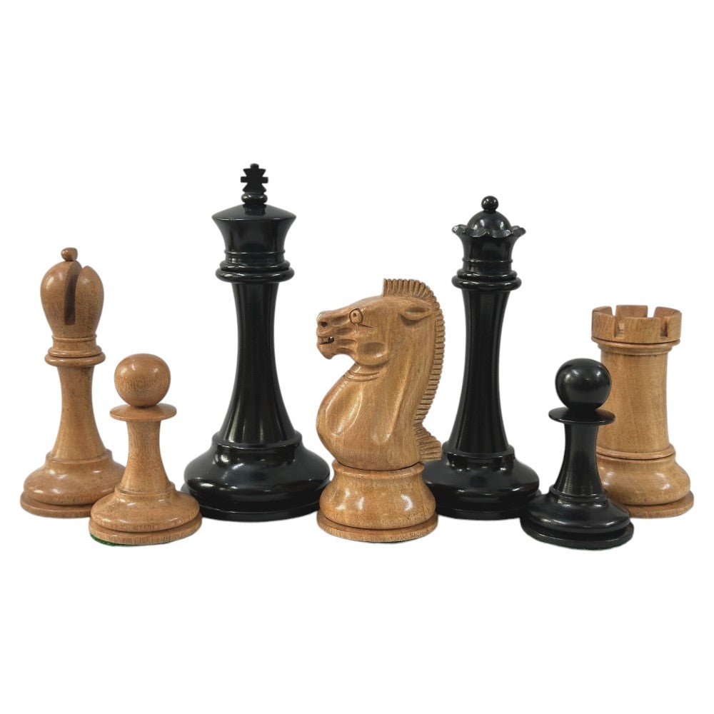 19th century 4.3" B & Co. Reproduced Staunton Luxury Chess Pieces Only Set- Triple Weighted Ebony and Antique Distressed Boxwood - Chess Villa