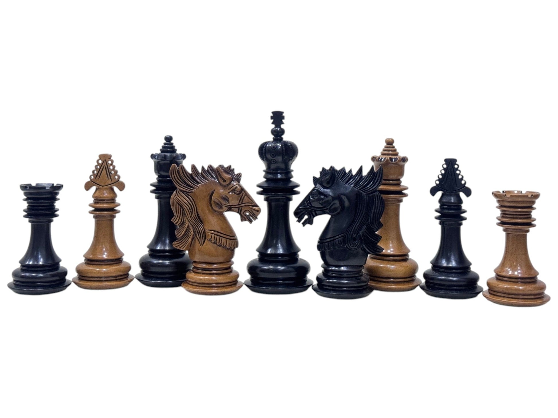 4.5" Carvers' Art Luxury Chess Pieces Only Set - Triple Weighted Lacquered Distress Antiqued Boxwood & Ebony Wood - Chess Villa