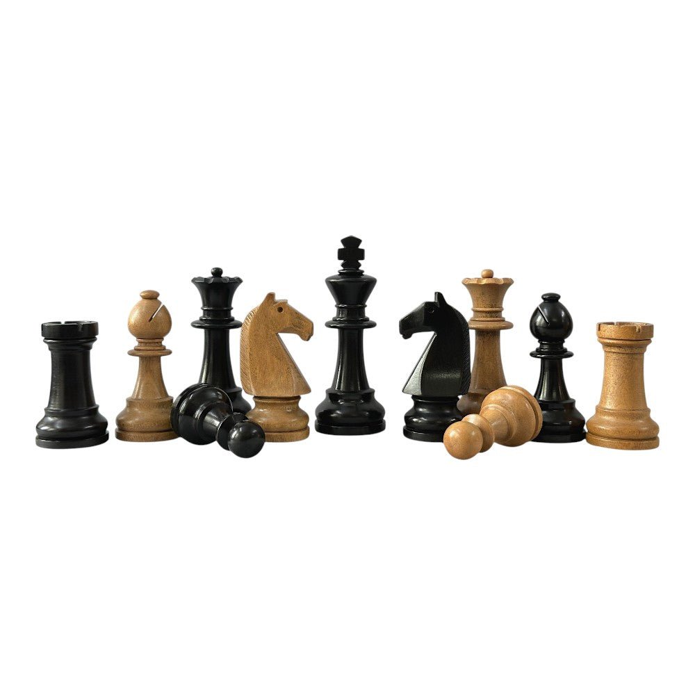 90s Reproduced 3.6" French Chavet Championship Tournament Chess Pieces Only Set- Weighted Distress Antique Boxwood & Ebonised Boxwood - Chess Villa