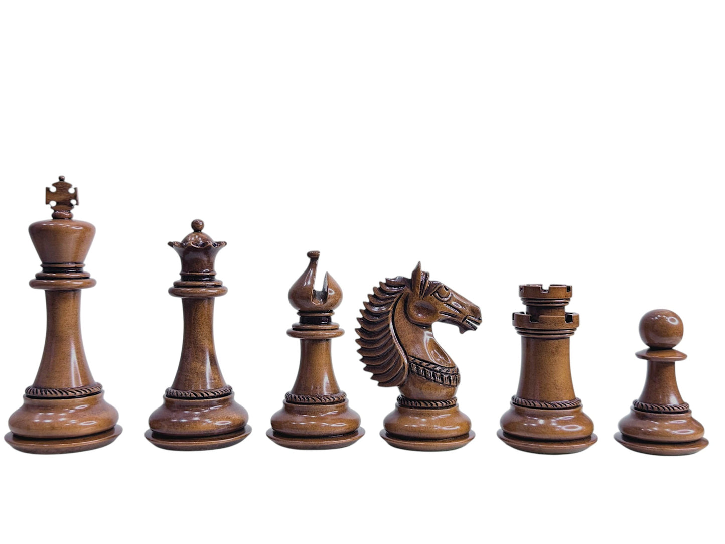 4.6" Copenhagen Luxury Staunton Chess Pieces Only Set- Triple Weighted Lacquered Distress Antiqued Boxwood & Budrose Wood