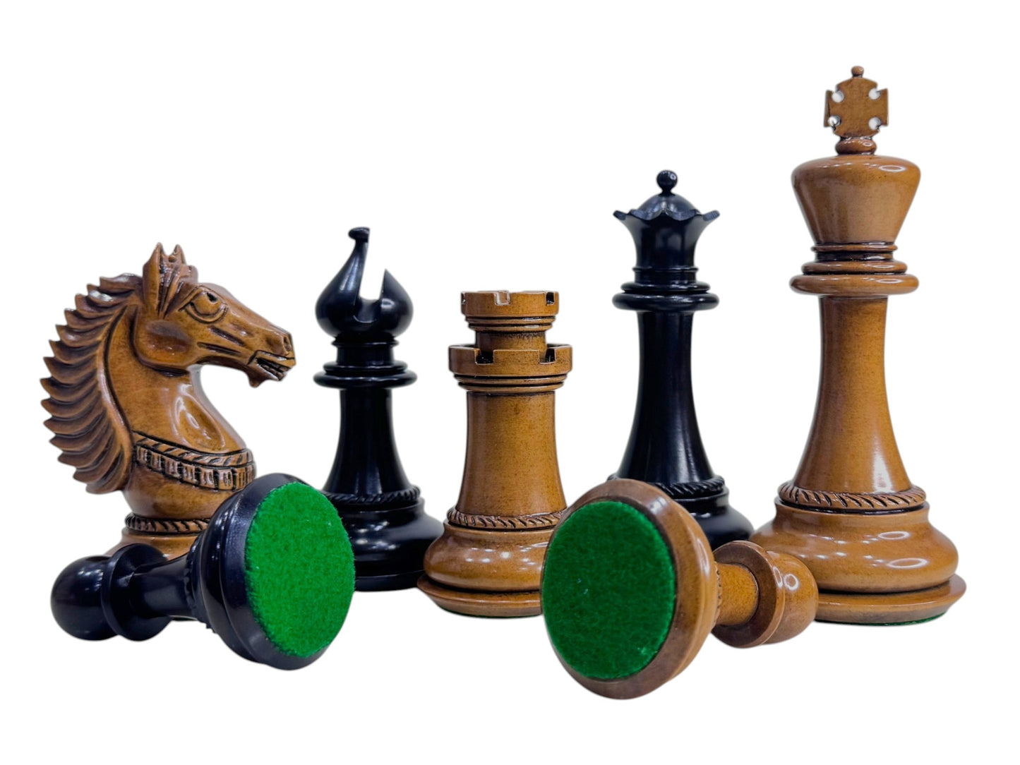 4.6" Copenhagen Luxury Staunton Chess Pieces Only Set- Triple Weighted Lacquered Distress Antiqued Boxwood & Ebony Wood