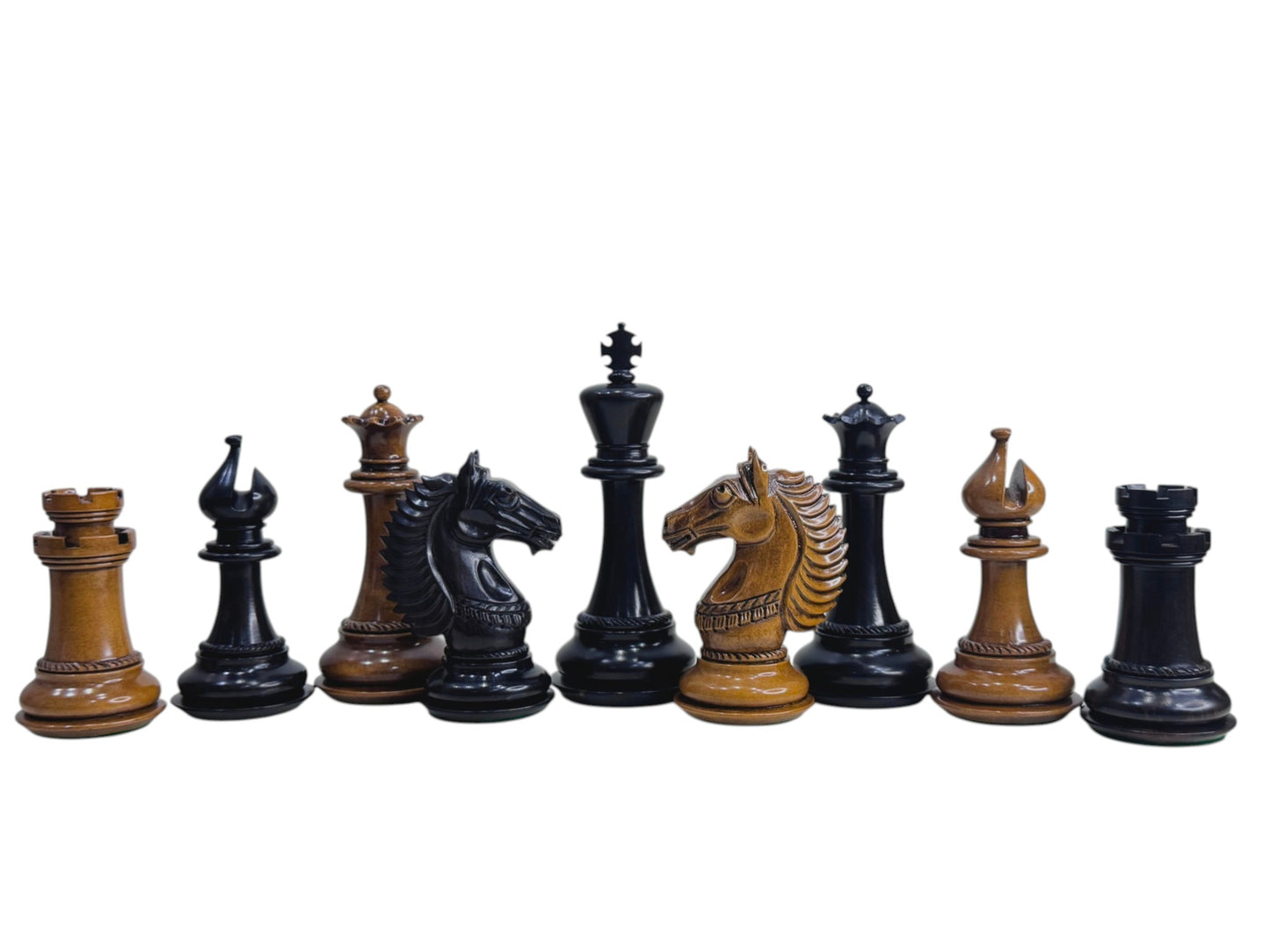 4.6" Copenhagen Luxury Staunton Chess Pieces Only Set- Triple Weighted Lacquered Distress Antiqued Boxwood & Ebony Wood