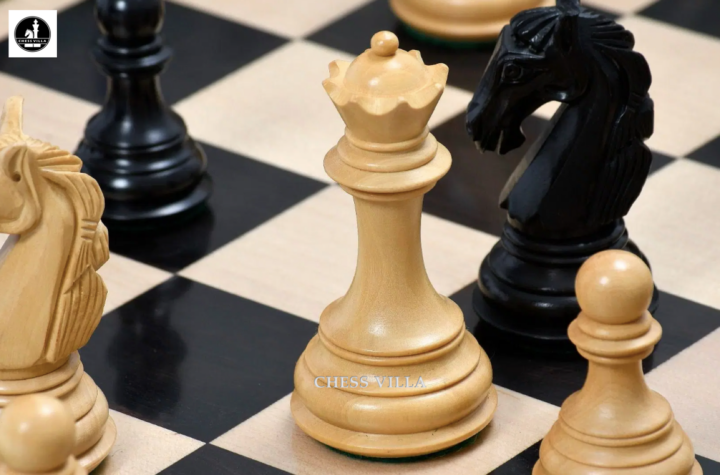 Combo of 3.8″ Columbian Knight Luxury Chess Set- Pieces in Ebonised Boxwood with 21" Ebony Wood Chessboard