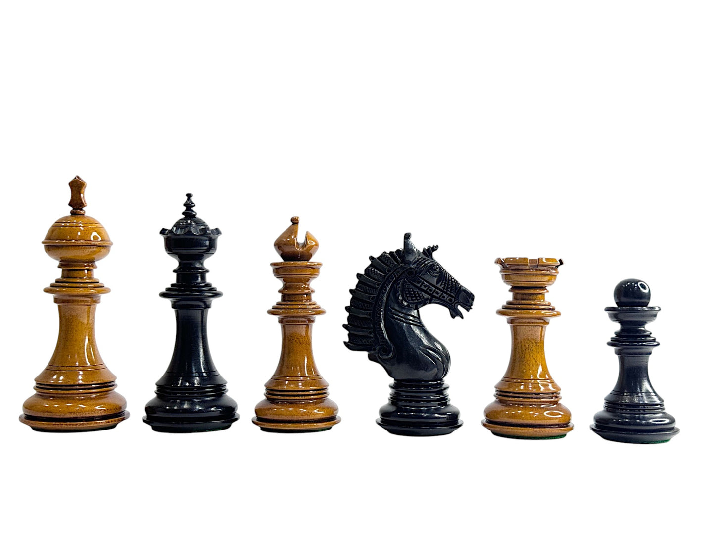 The Sikh Empire Series Handmade Luxury Chess Pieces Only Set - Triple Weighted Lacquered Distress Antiqued Boxwood & Ebony Wood - 4.5" King