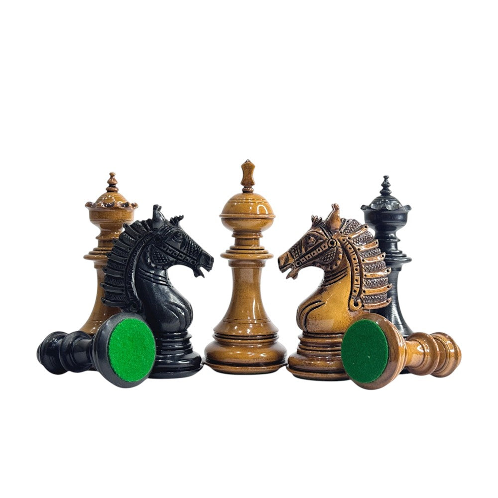 The Sikh Empire Series Handmade Luxury Chess Pieces Only Set - Triple Weighted Lacquered Distress Antiqued Boxwood & Ebony Wood - 4.5" King