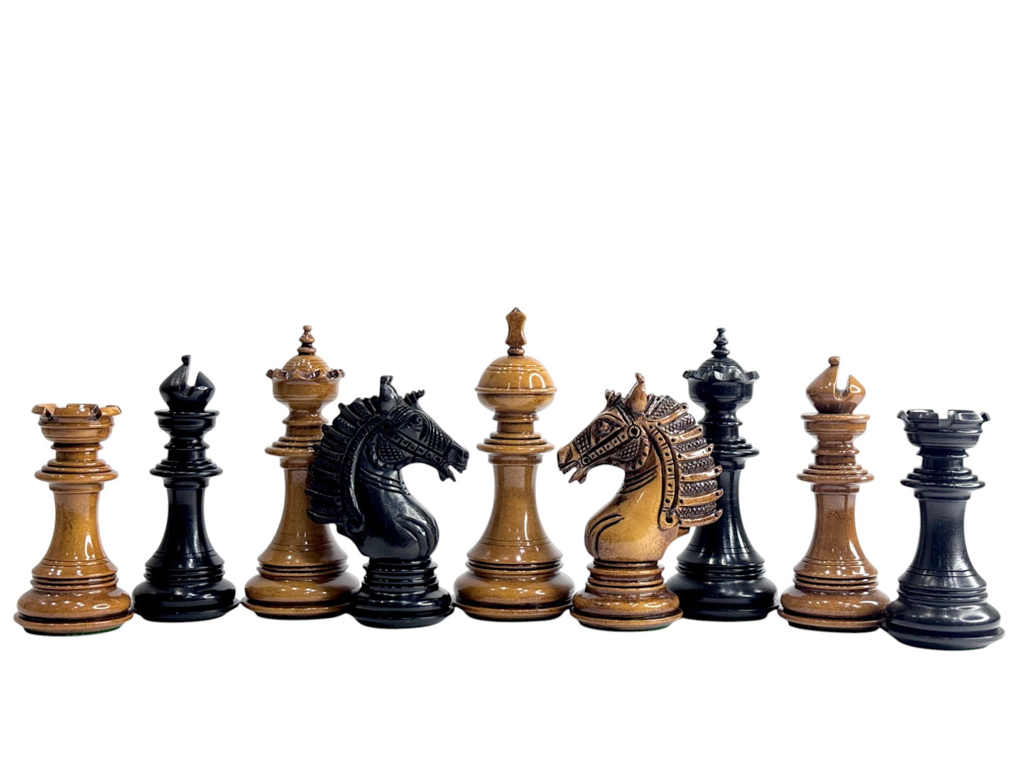 The Sikh Empire Series Handmade Luxury Chess Pieces Only Set - Triple Weighted Lacquered Distress Antiqued Boxwood & Ebony Wood - 4.5" King