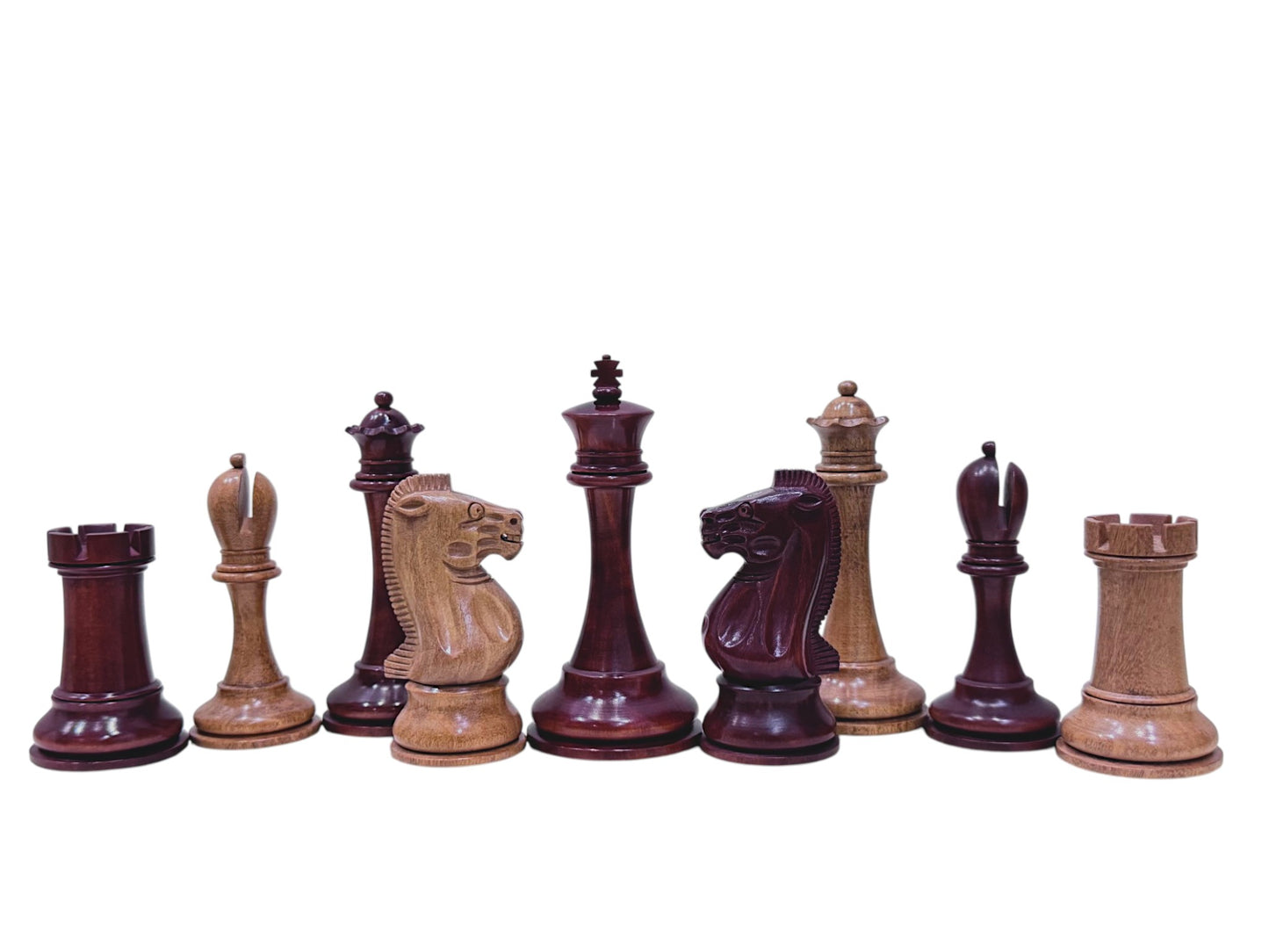 19th century 4.3" B & Co. Reproduced Staunton Chess Pieces Only Set- Weighted Mahogany Stained and Distressed Boxwood