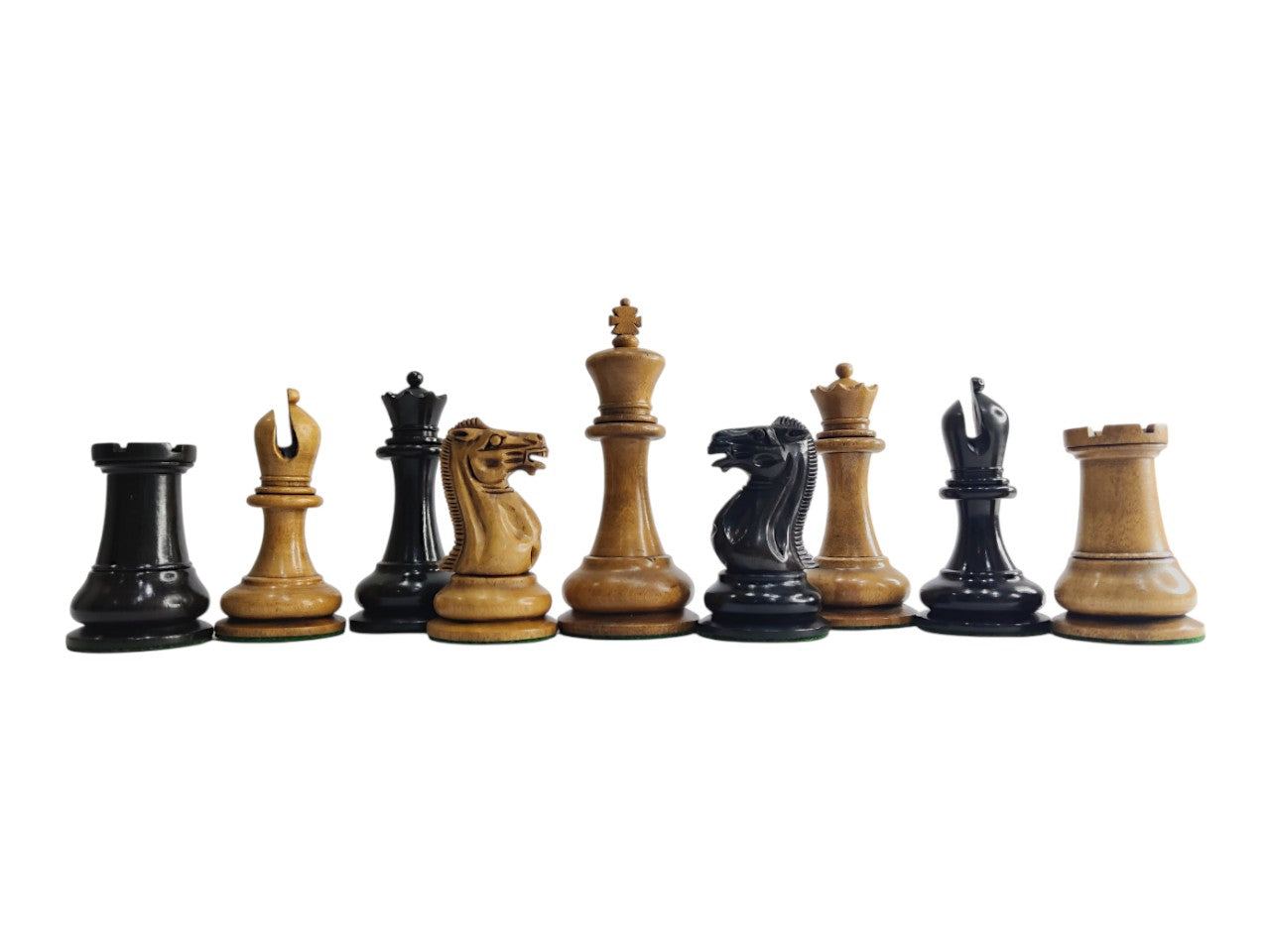 1849 Jaques Reproduction Staunton Chess Pieces Only set - Weighted Ebony & Distressed Boxwood- 3.75" King