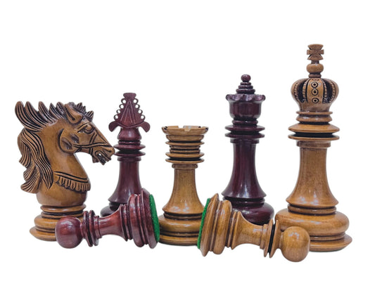 4.5" Carvers' Art Luxury Chess Pieces Only Set - Triple Weighted Lacquered Distress Antiqued Boxwood & Budrose Wood