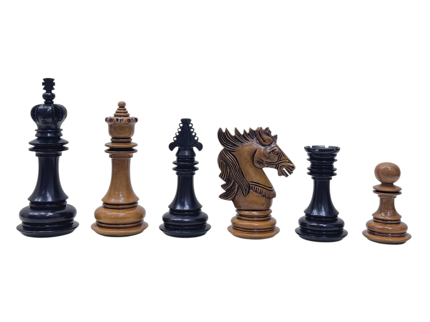 4.5" Carvers' Art Luxury Chess Pieces Only Set - Triple Weighted Lacquered Distress Antiqued Boxwood & Ebony Wood