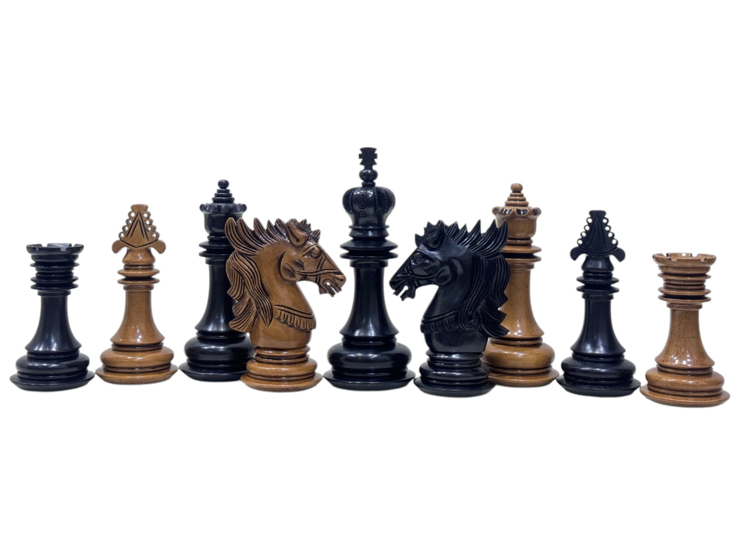 4.5" Carvers' Art Luxury Chess Pieces Only Set - Triple Weighted Lacquered Distress Antiqued Boxwood & Ebony Wood