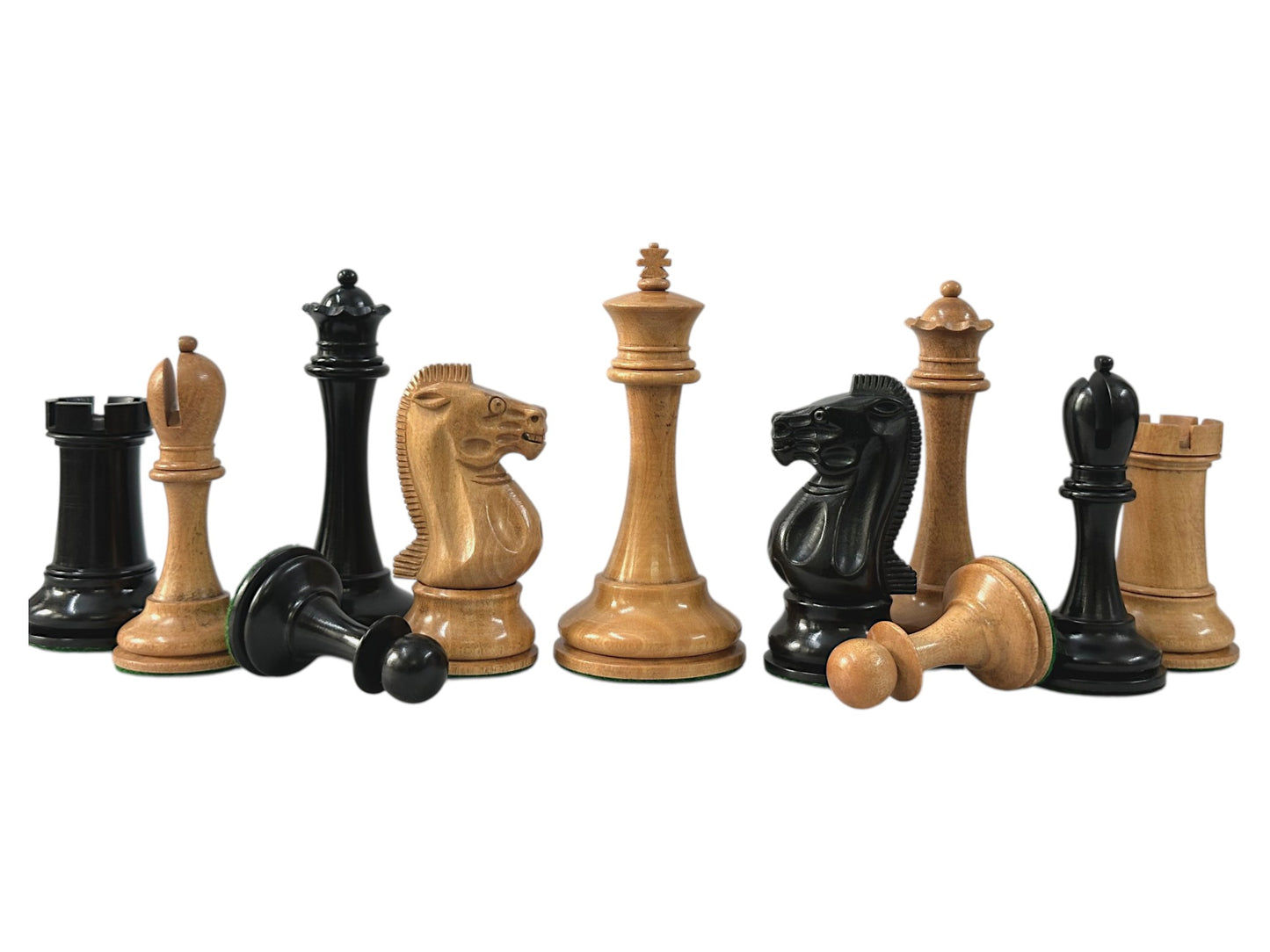 19th century 4.3" B & Co. Reproduced Staunton Luxury Chess Pieces Only Set- Triple Weighted Ebony and Antique Distressed Boxwood