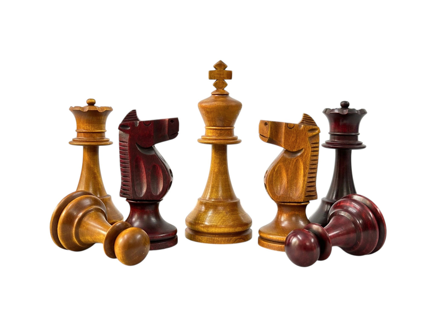 The 1973 Philippines Repro International Tournament Chess Pieces- 4.2" King- Weighted Mahogany & Distressed Antique