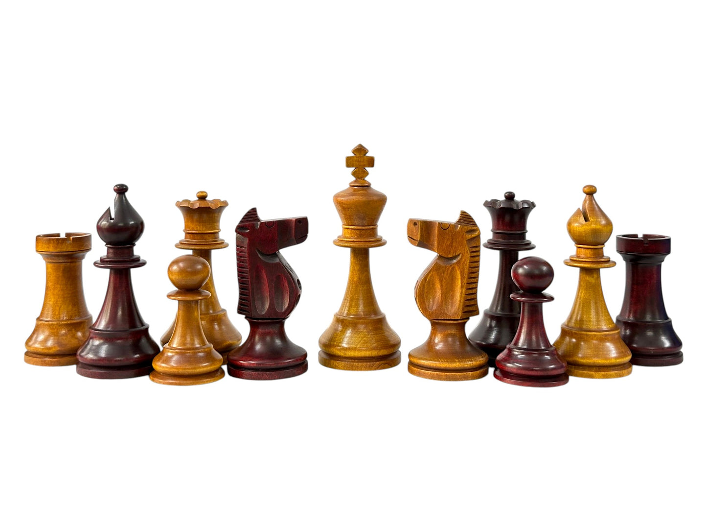 The 1973 Philippines Repro International Tournament Chess Pieces- 4.2" King- Weighted Mahogany & Distressed Antique