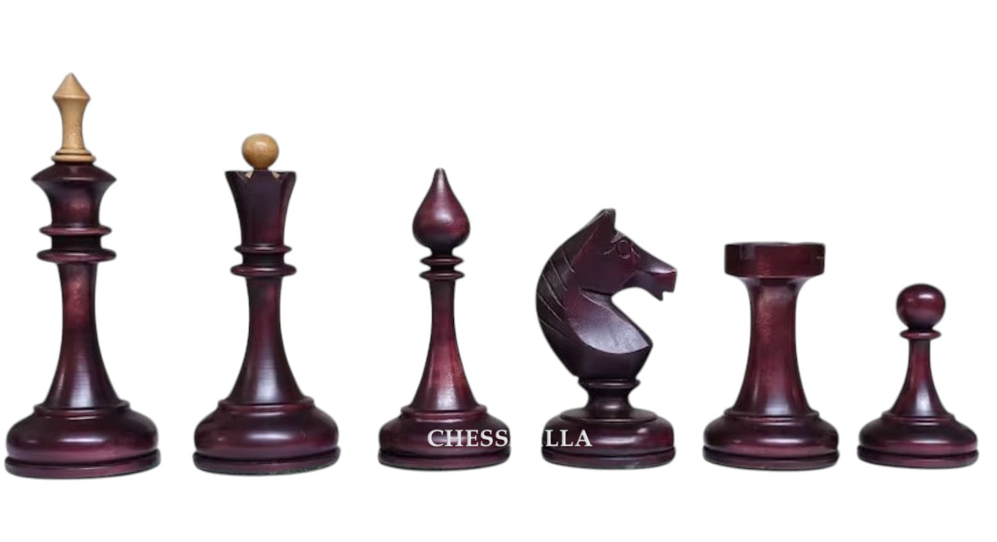 Soviet USSR 1970 Reproduced 4" Chess Pieces Only Set- Weighted Mahogany Stained Boxwood and Distressed Boxwood