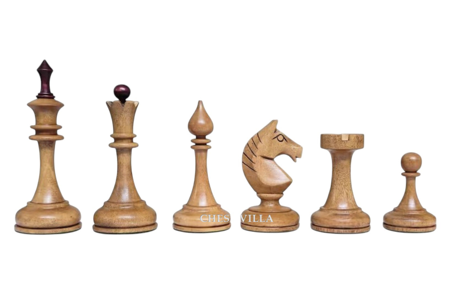 Soviet USSR 1970 Reproduced 4" Chess Pieces Only Set- Weighted Mahogany Stained Boxwood and Distressed Boxwood