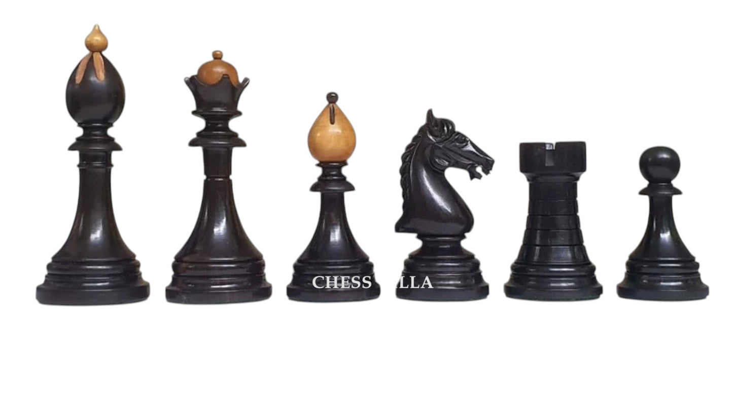 Reproduction 1951-1954 "ČESKÁ KLUBOVKA" Fide Tournament Czech 4" Chess Pieces- Weighted Ebony & Distressed Boxwood