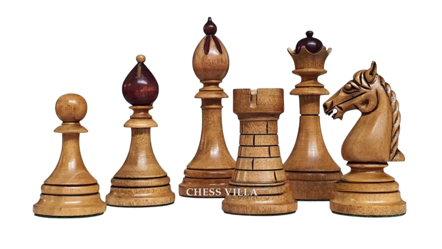 Reproduction 1951-1954 "ČESKÁ KLUBOVKA" Fide Tournament Czech 4" Chess Pieces- Weighted Mahogany Stained & Distressed Boxwood