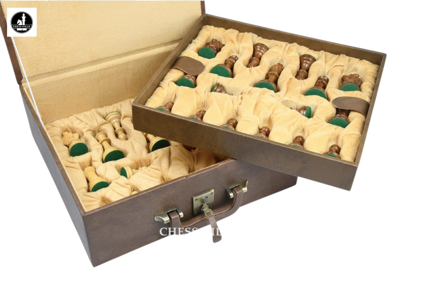 Tan Brown Leatherette Storage Box for Chess Pieces only- 4.1" to 4.6" chessmen - Coffer Style Box