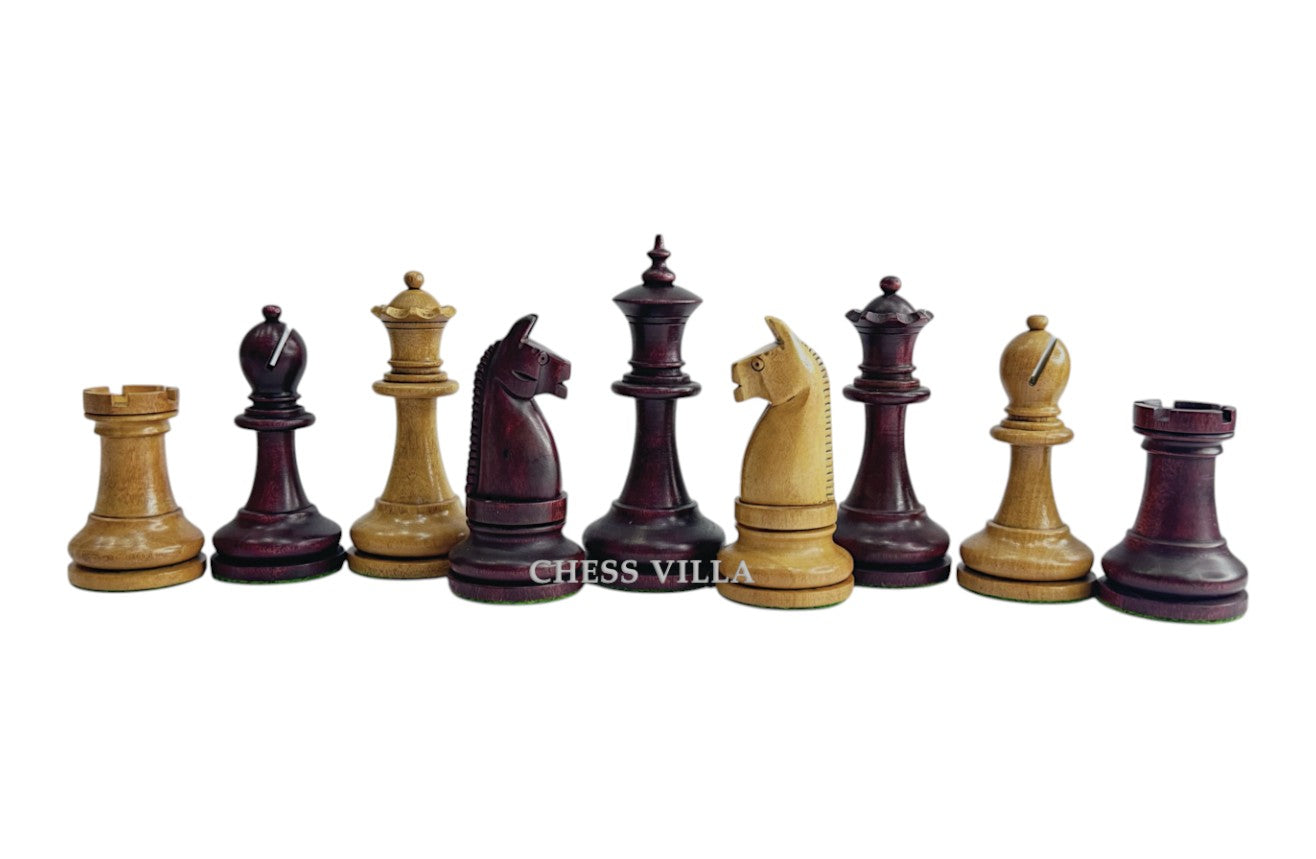 1900s' American Chess Company Reproduction Chess Set - Chess Pieces Only - Weighted Mahogany Stained & Distressed Antique Boxwood- 3.8" King