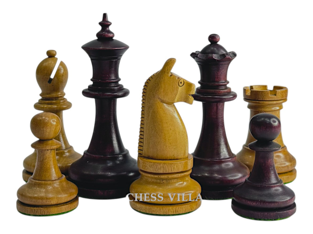 1900s' American Chess Company Reproduction Chess Set - Chess Pieces Only - Weighted Mahogany Stained & Distressed Antique Boxwood- 3.8" King