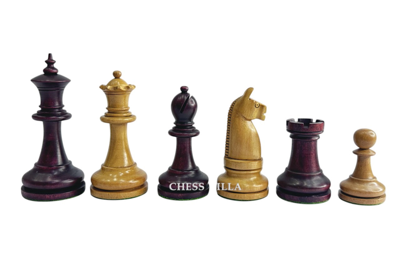 1900s' American Chess Company Reproduction Chess Set - Chess Pieces Only - Weighted Mahogany Stained & Distressed Antique Boxwood- 3.8" King